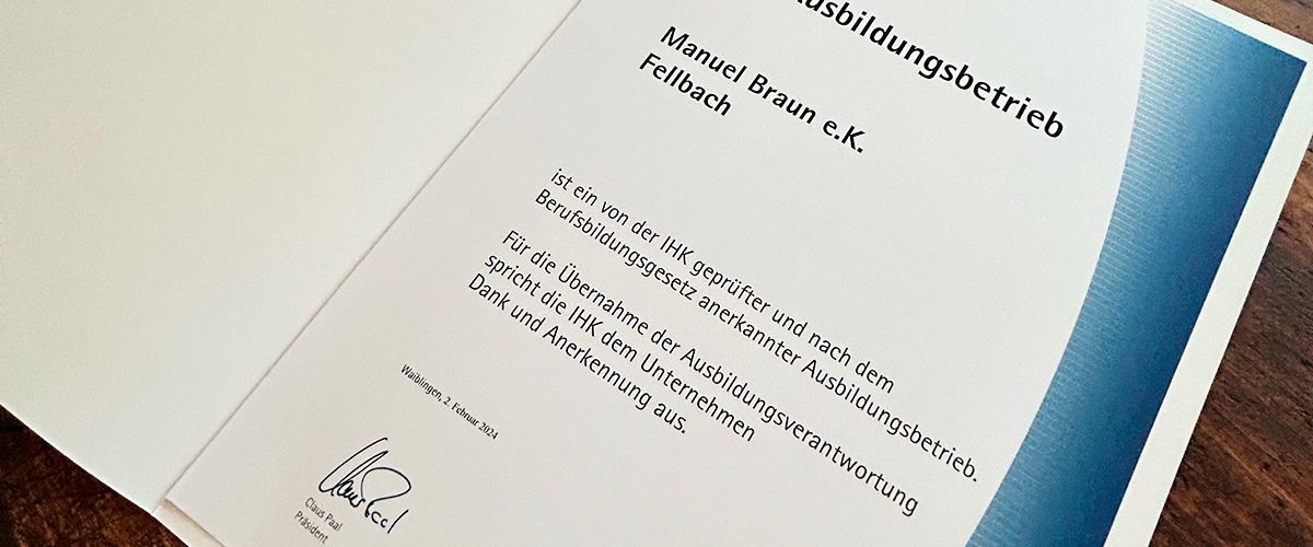 Wir wurden von der IHK Stuttgart als Ausbildungsbetrieb zertifiziert